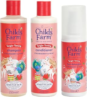 Childs Farm Kids Tangle Taming Hair Regime Bundle | Tear Free Strawberry & Organic Mint Shampoo (250ml), Conditioner (250ml) and Hair Detangler Spray (100ml) | Suitable for All Hair Types - 3 Pack