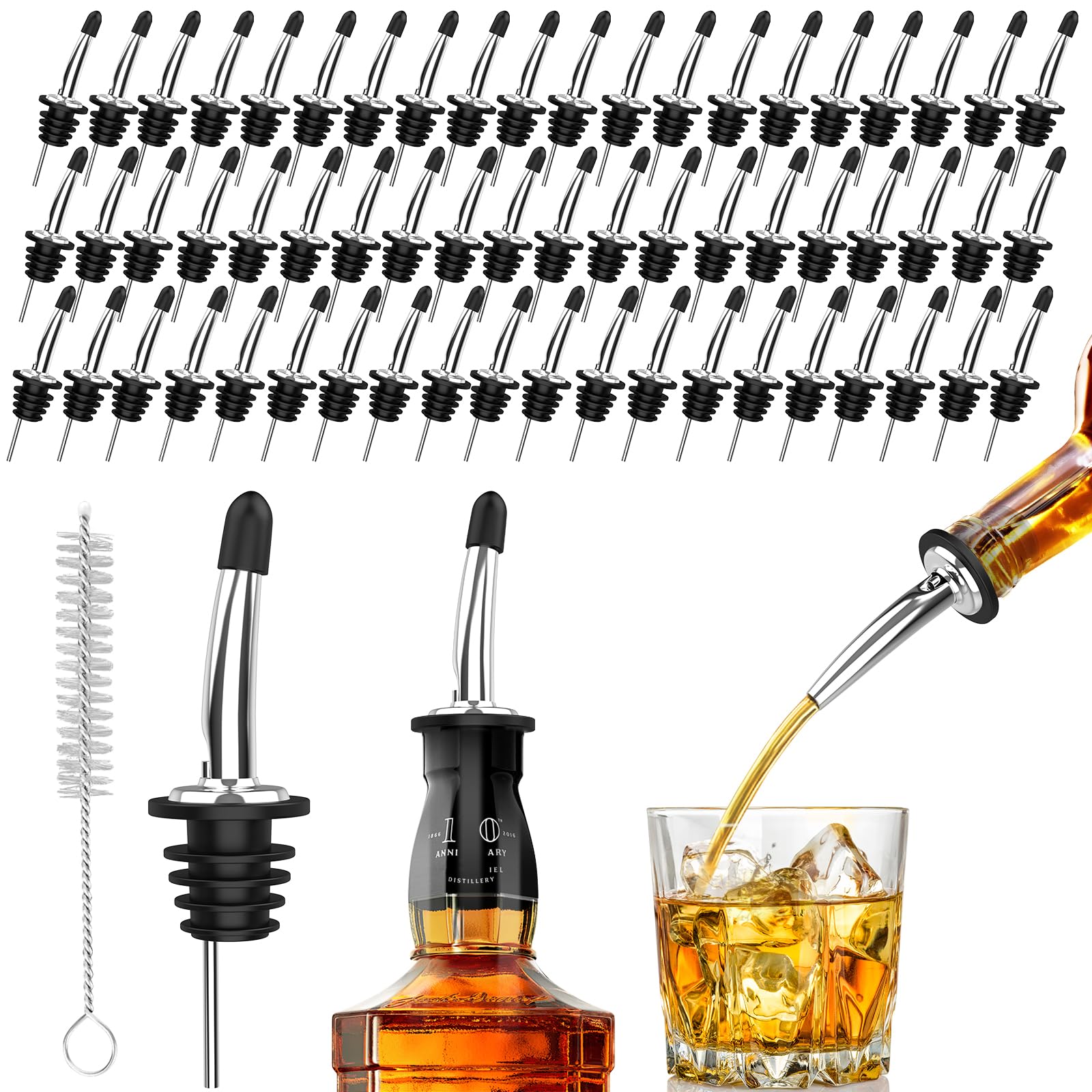 SINLUCESCE 60-Pack Stainless Steel Pour Spouts for Liquor Bottles Oil Vinegar an