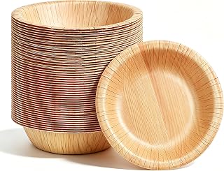 50 Pack Disposable Bowls 8oz/240ml, 6''(15cm) Strong Paper Bowls, Compostable, Biodegradable, Soup Bowls for Hot & Cold Foods, Soup, Desserts, Salads, Microwave Safe (Wood Grain)
