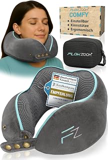 FLOWZOOM® Comfy Neck Cushion Airplane & Car Travel Pillow Memory Foam with Slim Back & Washable Cover (Velvet Soft & Breathable) - Neck Cushion Adults Grey