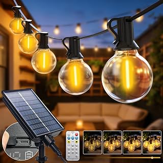 btfarm Solar Festoon Lights Outdoor with Remote, 20M Garden String Lights | 25+2 LED G40 Bulb, USB & Solar Powered, Waterproof Dimmable Shatterproof Hanging Lighting for Outside Gazebo Fence Wedding