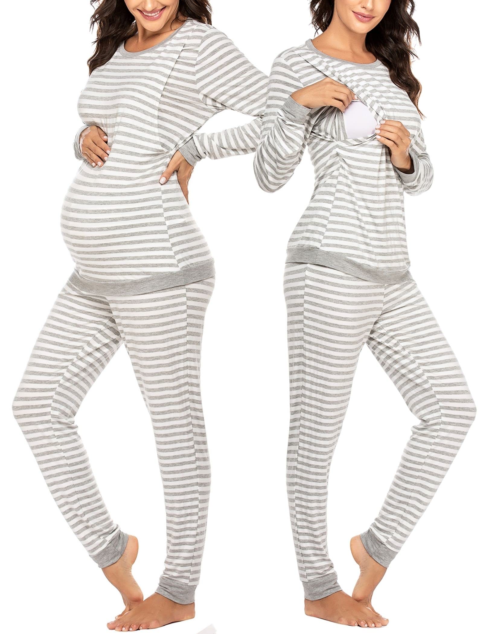 Ekouaer Maternity & Nursing Pajamas Set Striped Knit Long Johns Set Top & Bottom