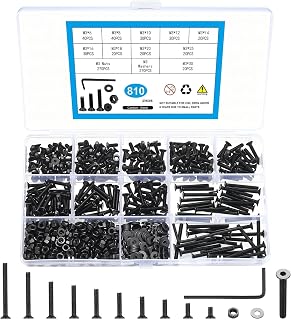 810 Pcs M3 Metric Screw Assortment, Flat Head Machine Screw Assortment Kit, Countersunk Hex Socket Cap Screws Set with Washers, Countersunk Bolts and Nuts Set with Wrench(Black)