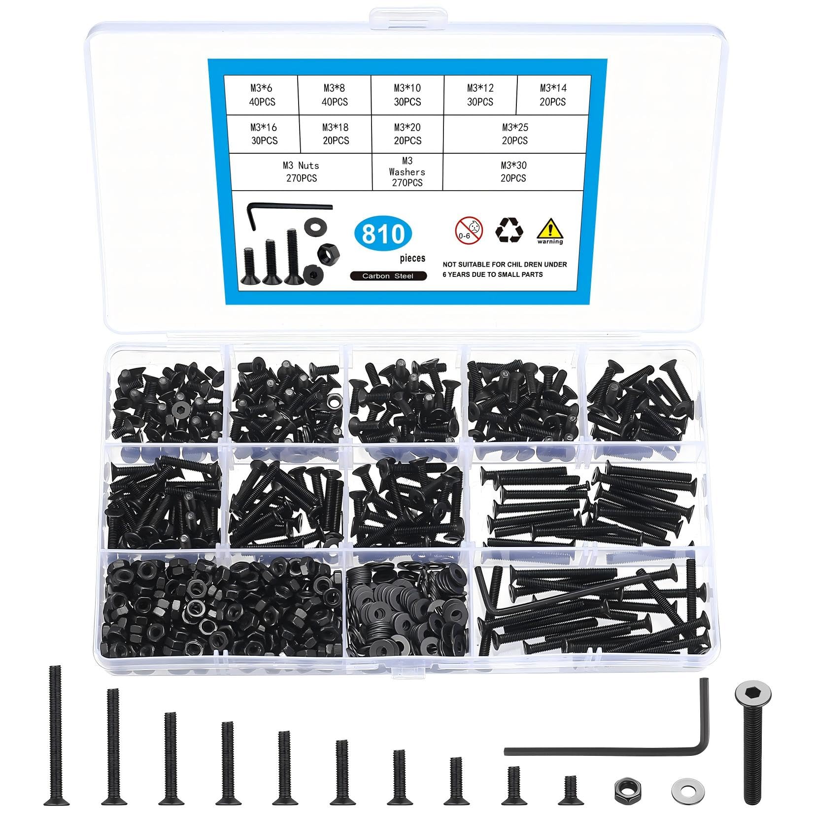 810 Pcs M3 Metric Screw Assortment, Flat Head Machine Screw Assortment Kit, Coun