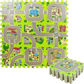 Puzzle Mat 9 Tiles 12x12in PE Foam Interlocking Kids Play Mat, Road Traffic Design, Educational