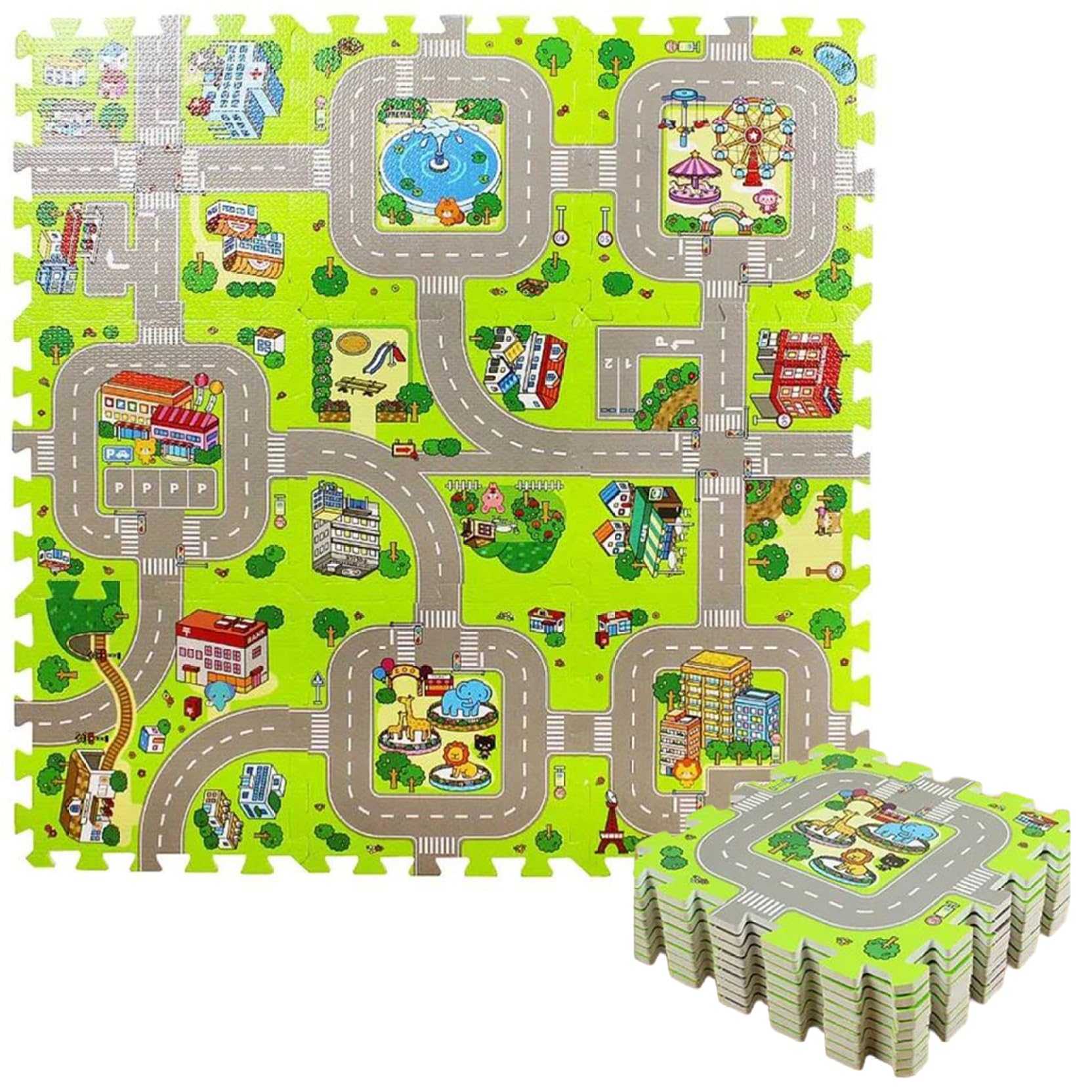 Puzzle Mat 9 Tiles 12x12in PE Foam Interlocking Kids Play Mat, Road Traffic Desi
