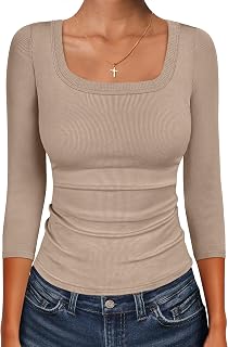 ANRABESS Womens 3/4 Sleeve Tops Scoop Neck Fitted Ribbed Tee Shirts