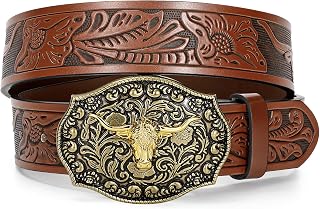 LEACOOLKEY Western Cowboy Leather Belt for Men Longhorn Bull Buckle Belt 1.5" Wide Floral Engraved Embossed Leather Belt