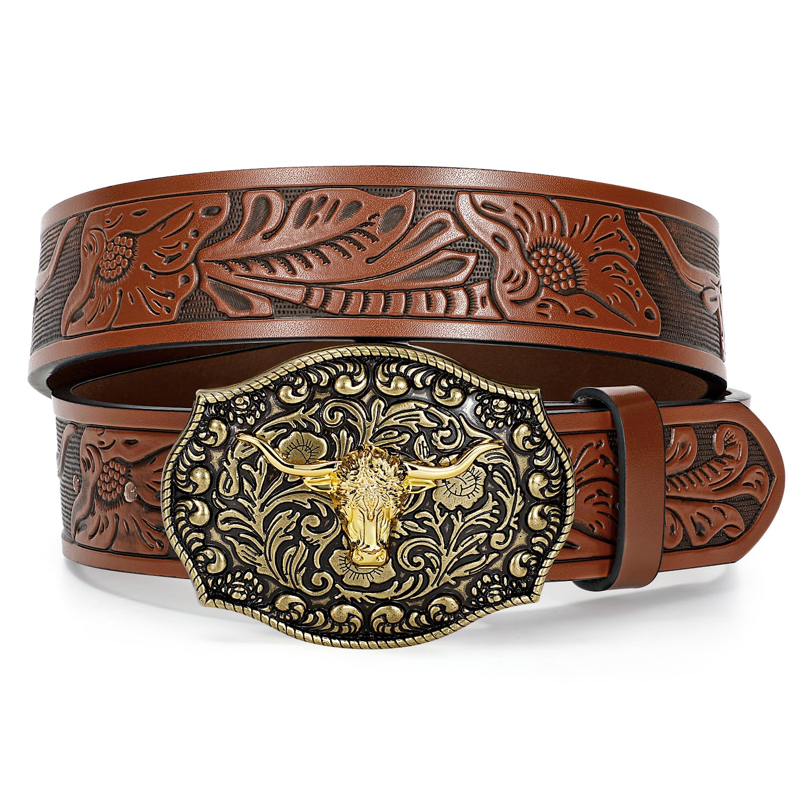 LEACOOLKEY Western Cowboy Leather Belt for Men Longhorn Bull Buckle Belt 1.5" Wi