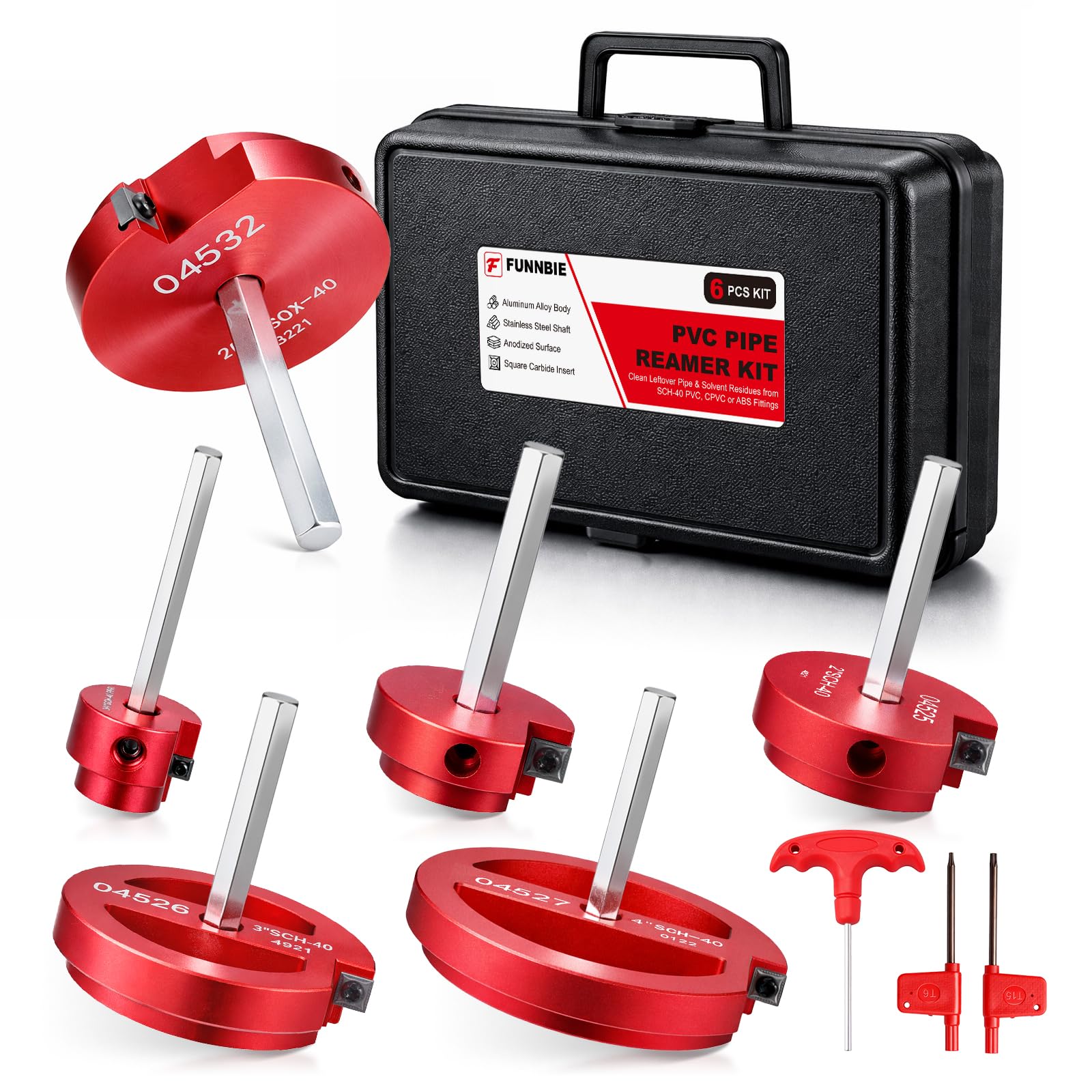 FUNNBIE 6Pcs PVC Pipe Reamer Kit, Durable Aluminum PVC Fitting Saver | Sch.40 CP