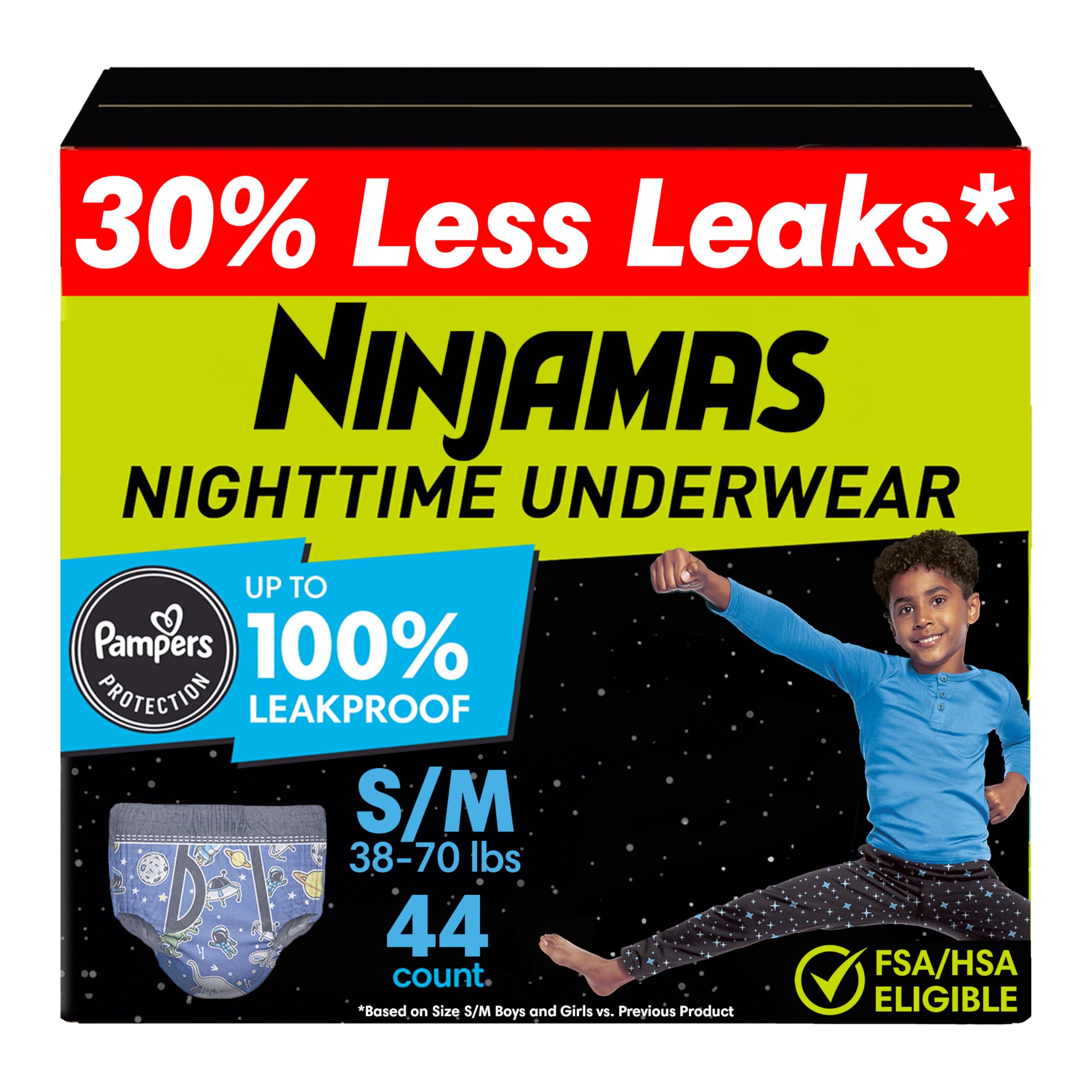Ninjamas Boys Bedwetting Nighttime Underwear, S/M (38-70 lbs), 44 Count | Pull U