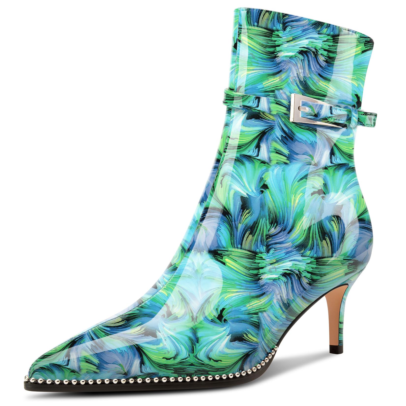 NobleOnly Women's Half Kitten Heel Closed Toe Pointed Toe Ankle Boots Buckle Clo