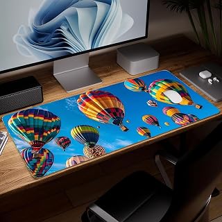 Leather Hot Air Balloon Desk Pad, Colorful Art Mouse Pad Large Computer Keyboard Gaming Mousepad Waterproof Desktop Protector & Cover, Decorative PU Leather Laptop Mouse Mat Decor 10 x 25.6 inch C68
