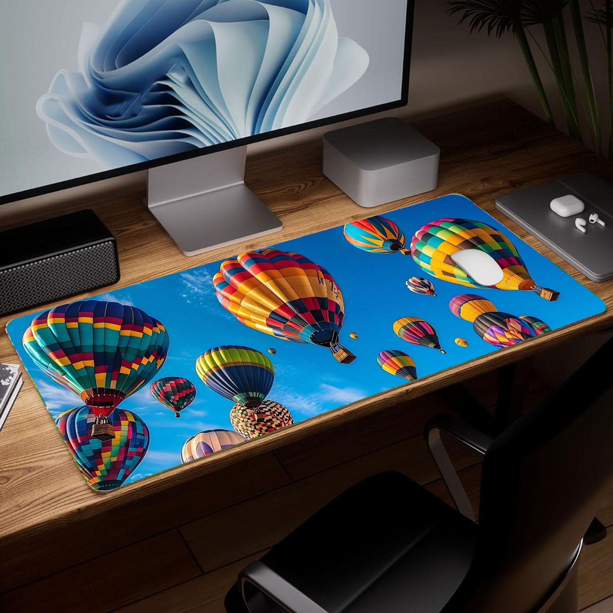 Leather Hot Air Balloon Desk Pad, Colorful Art Mouse Pad Large Computer Keyboard