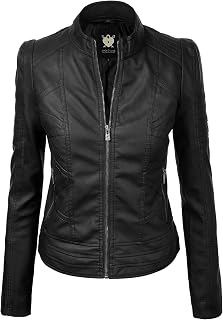 Lock and Love Chaqueta de moto de cuero vegano para mujer, corte entallado, elegante, abrigo de motociclista de poliuretano