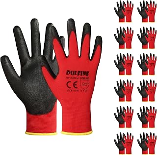DULFINE Safety Work Gloves for Men & Women 12 Pairs, PU Coated Red L | Seamless Knit, Smooth Grip on Palm & Fingers, Ideal for General Duty Work, Landscaping, Mechanic, Warehouse, Construction