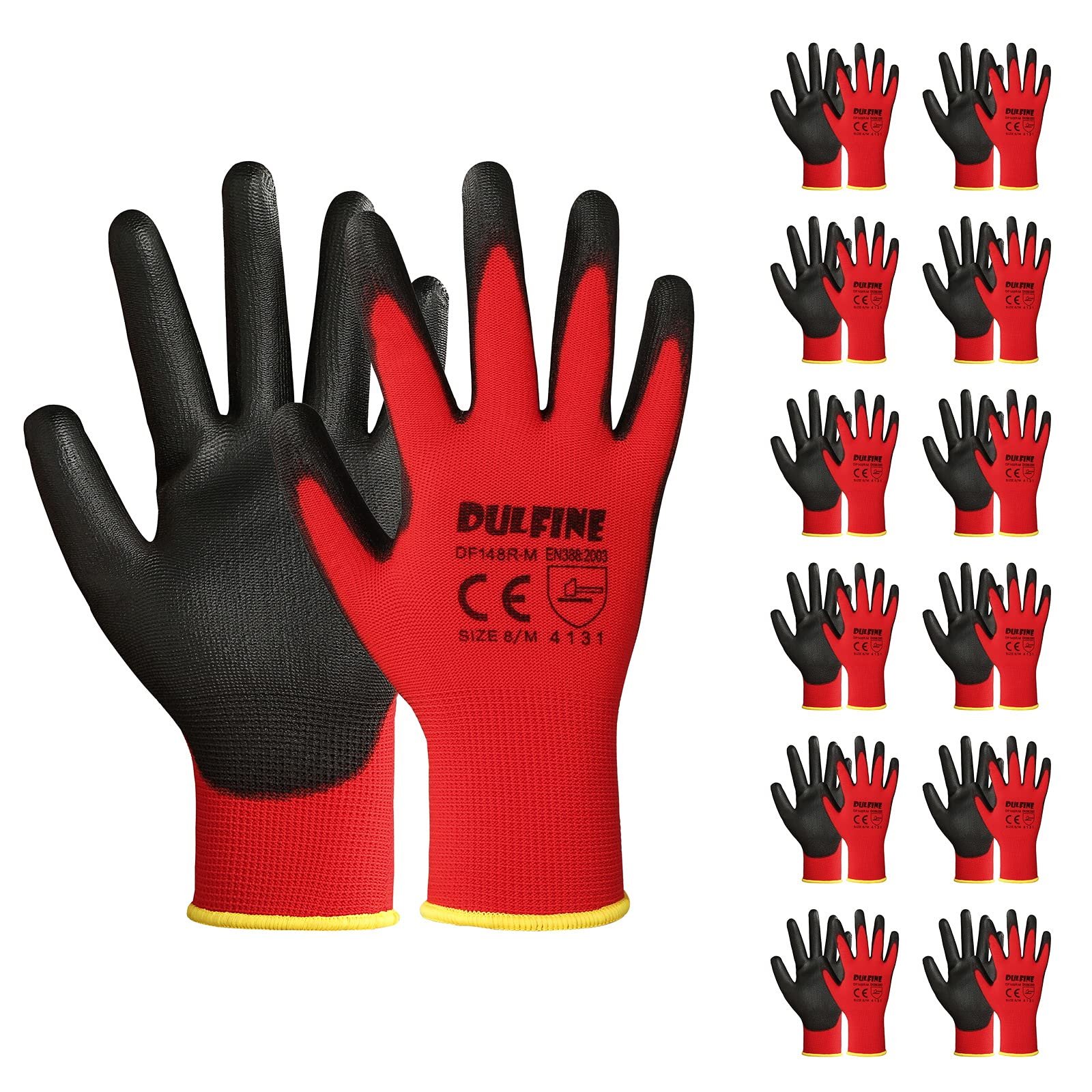 DULFINE Safety Work Gloves for Men & Women 12 Pairs, PU Coated Red L | Seamless 