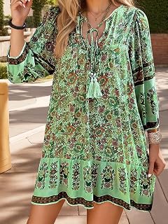 Womens Boho Mini Dress V Neck Flowy Loose Beach Dress Casual Holiday Style 3/4 Sleeve Summer Outfit