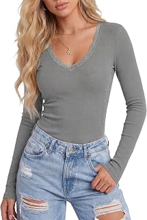 LYANER Women's Lace V Neck Long Sleeve Shirts