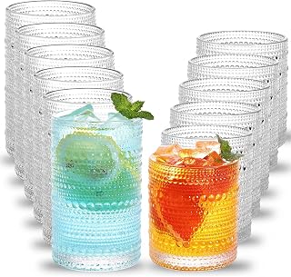 Moretoes Hobnail Drinking Glasses Set of 12 Vintage Water Glass Cups | 12 Oz Highball Glasses & 10 Oz Cocktail Glasses, Clear Embossed Boho Kitchen Bar Tumbler for Whiskey, Beer, Juice, Milk