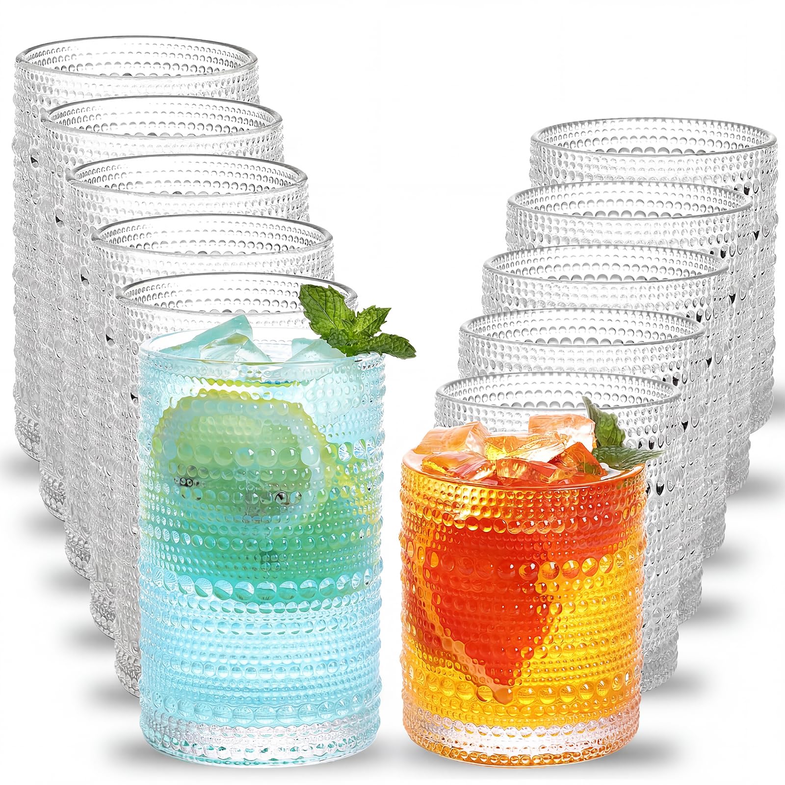 Moretoes Hobnail Drinking Glasses Set of 12 Vintage Water Glass Cups | 12 Oz Hig
