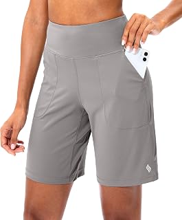 SANTINY Women's Bermuda Shorts with Zip Pocket High Waist Long Shorts for Running Athletic Workout