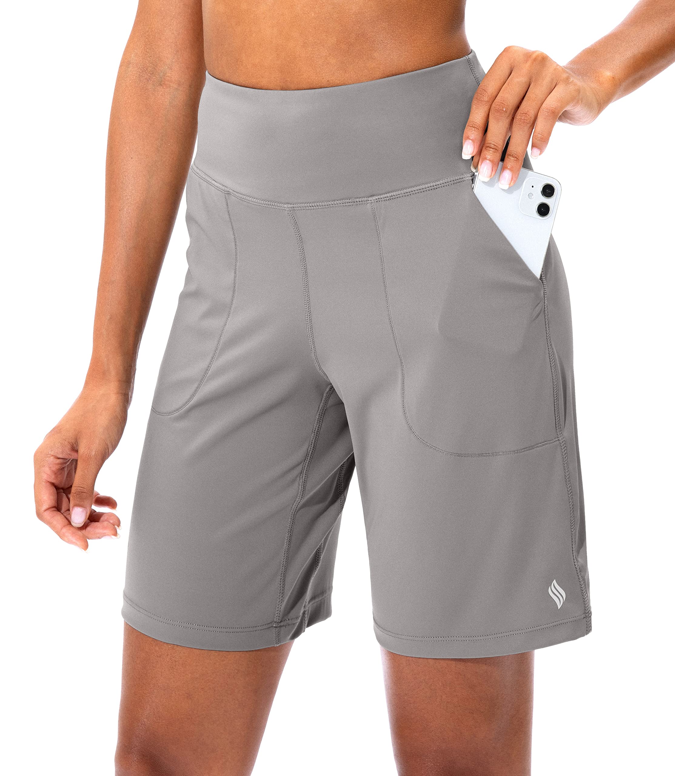 SANTINY Women's Bermuda Shorts with Zip Pocket High Waist Long Shorts for Runnin