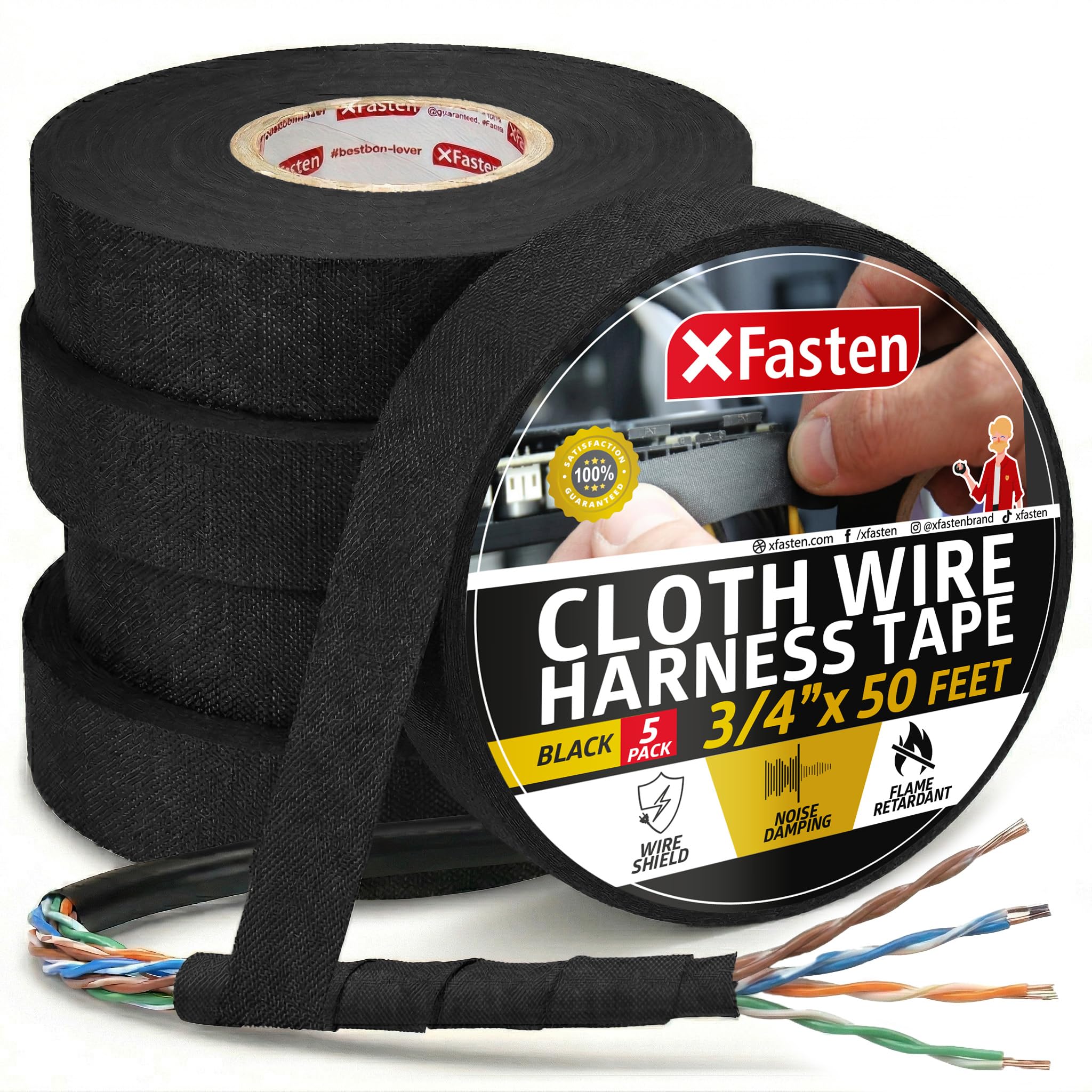 XFasten Wire Harness Tape, 3/4-Inch x 50-Foot (5-Pack), High Temp Wiring Loom Ha