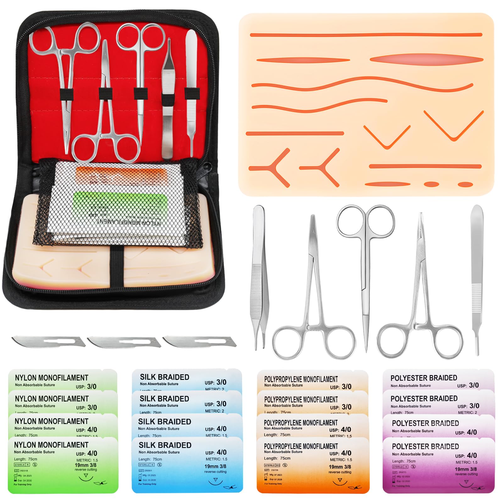 Suture Practice Kit - Complete Suturing Kit with Suture Training Pad, Threads & 