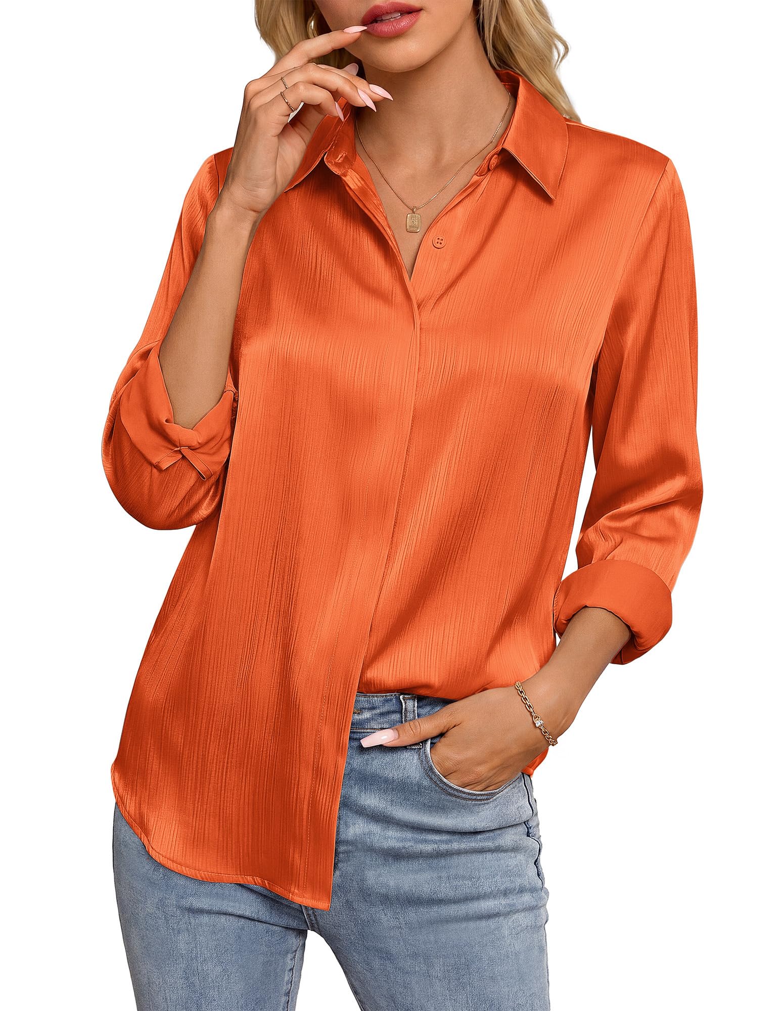 GRACE KARIN 2026 Womens Silky Satin Button Down Shirts Long Sleeve Work Blouses 
