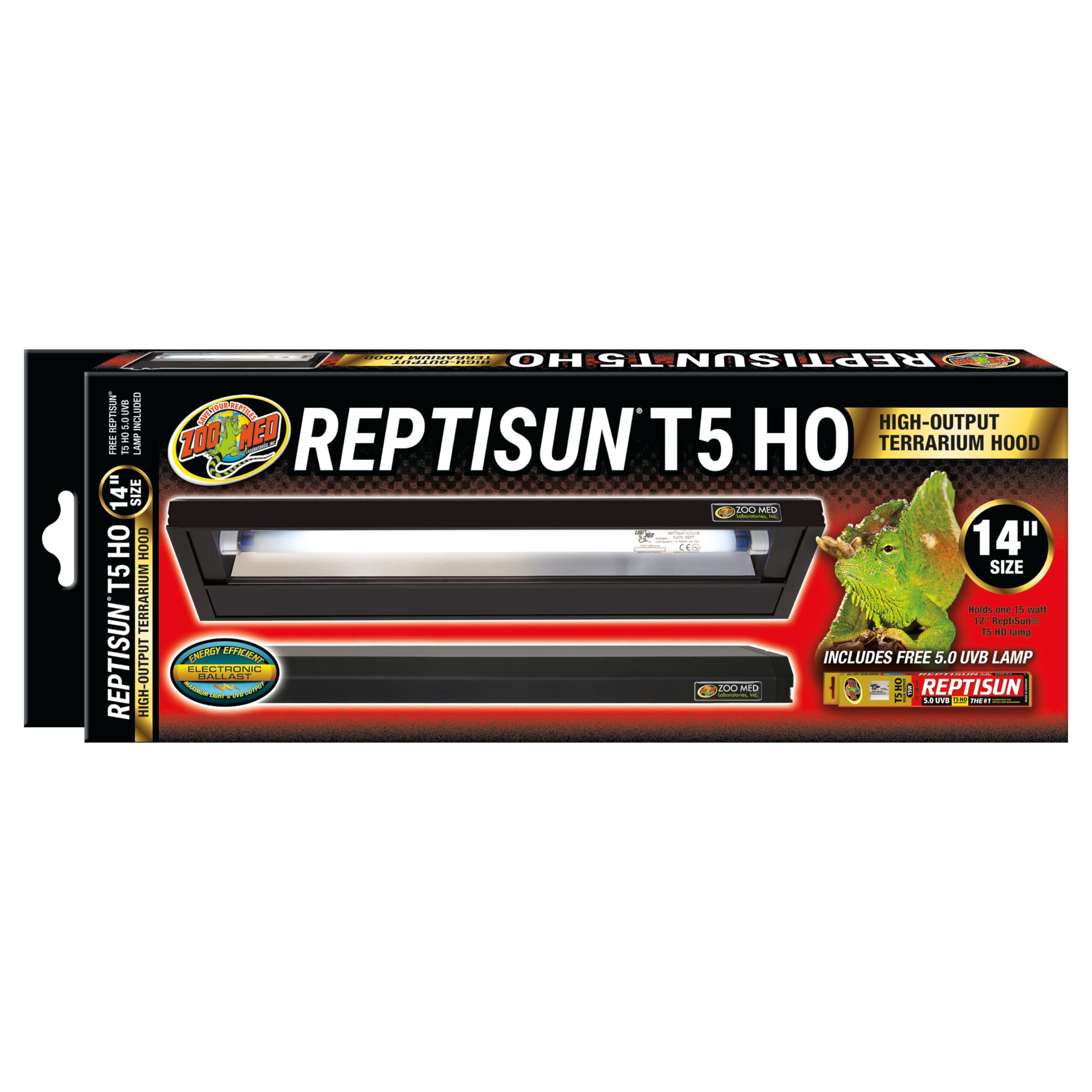 Zoo Med 5.0 T5-HO 14" Terrarium Hood with ReptiSun T5 HO 5.0 UVB Lamp | ReptiSun