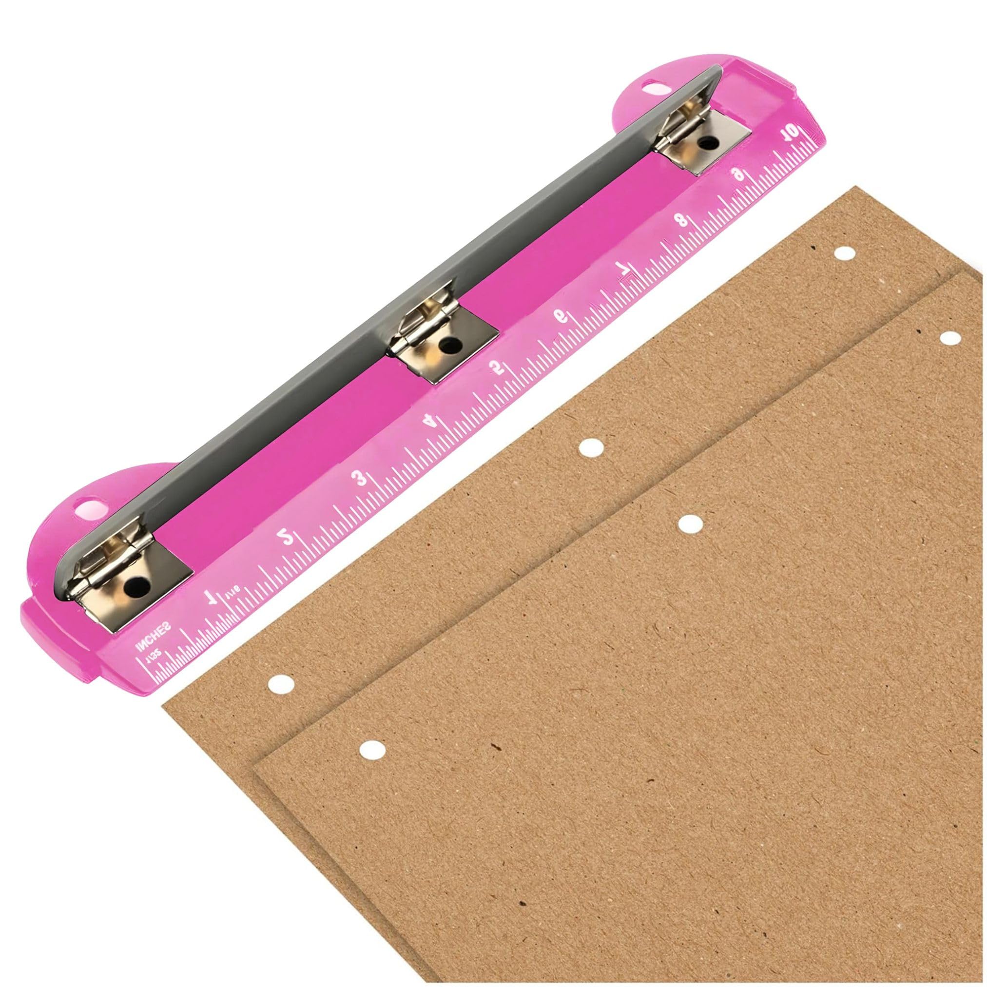 3 Hole Punch Portable for 3 Ring Binder, 5 Sheets, Pink, 10 Inch Ruler | 5 sheet