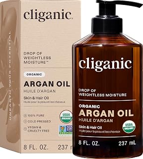 Cliganic Organic Argan Oil 100% Pure Cold Pressed For Hair, Face, Skin, 2oz | Hair Oil, Fast Absorbing, Carrier Oil For Dry Frizzy Hair, Body, Nails &amp; Cuticles, Skin Softening