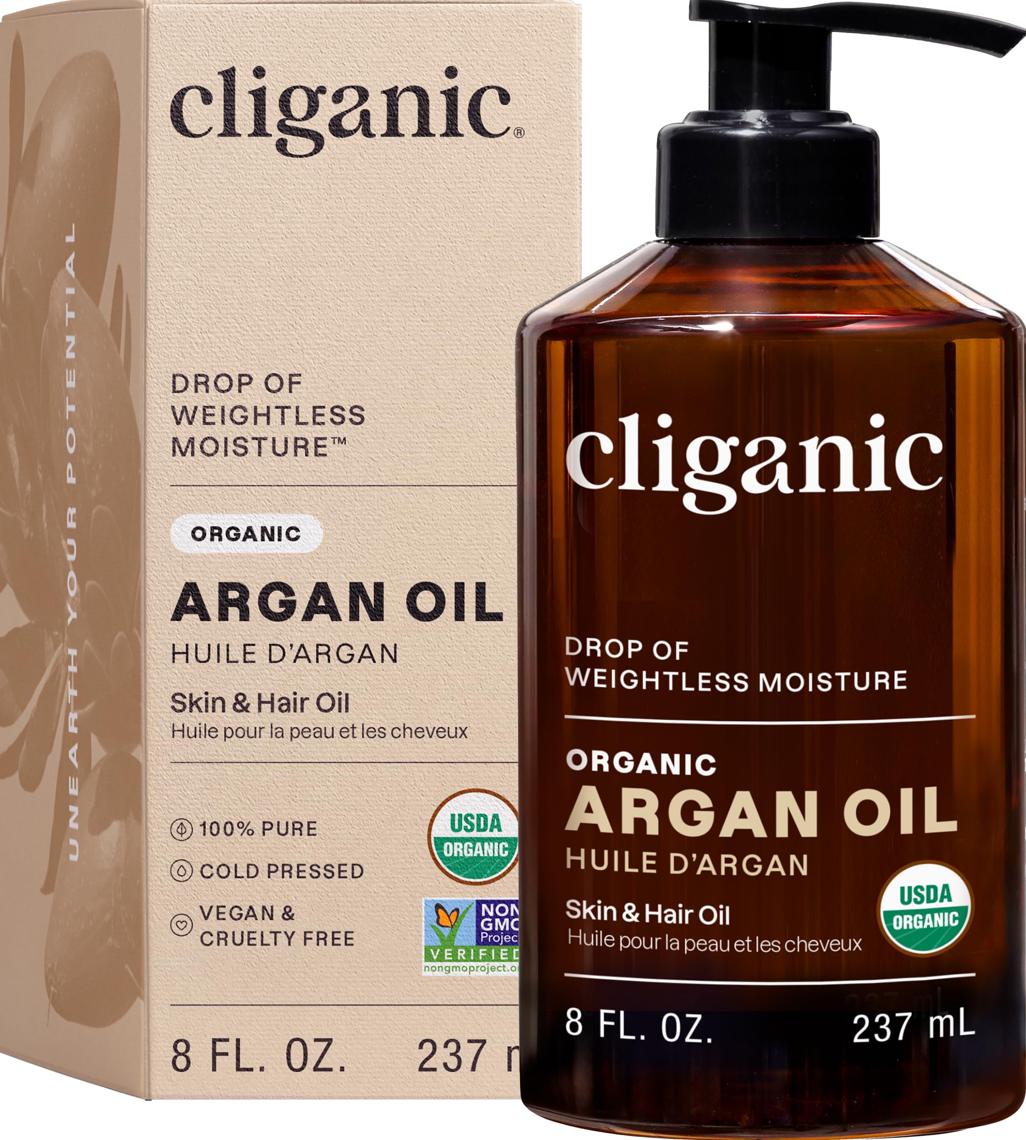 Cliganic Organic Argan Oil 100% Pure Cold Pressed For Hair, Face, Skin, 2oz | Ha