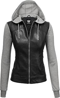 Lock and Love Women's Faux Leather Moto Biker Jacket Coat with Removable or Non-Removable Hood
