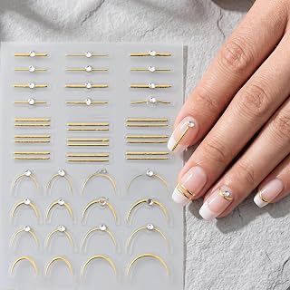 Rhinestone French Line Nail Art Sticker Curve Crystal Stripe Manicure Decal Gold