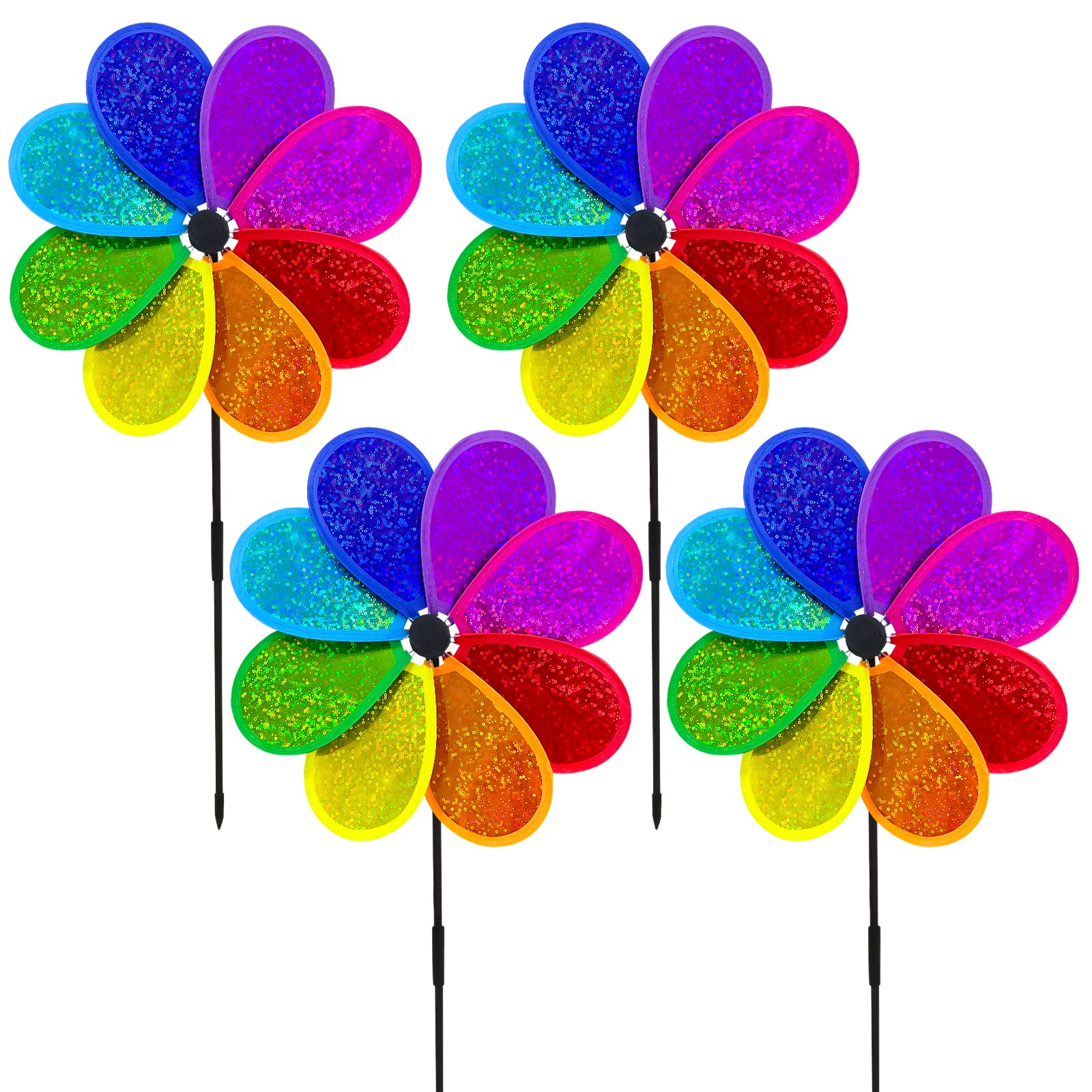 4PCS Flower Wind Spinner Sparkly Lawn Pinwheel 11.8 inch Colorful Rainbow Garden