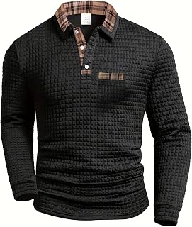Men's Long Sleeve Waffle Polo Shirt with Pocket, Stylish Shirt with Plaid Collar, Casual Top for Autumn Wear
