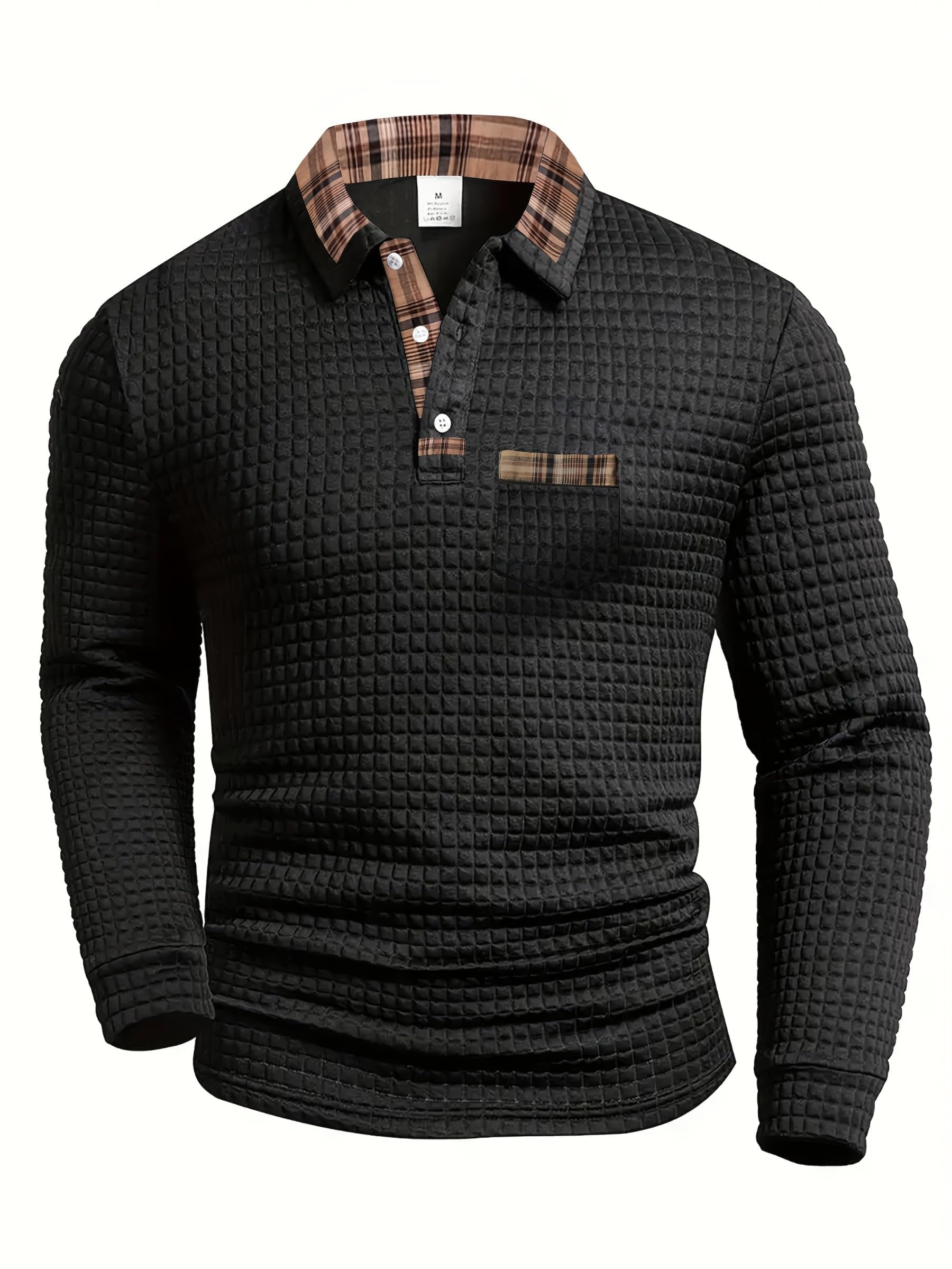 Men's Long Sleeve Waffle Polo Shirt with Pocket, Stylish Shirt with Plaid Collar