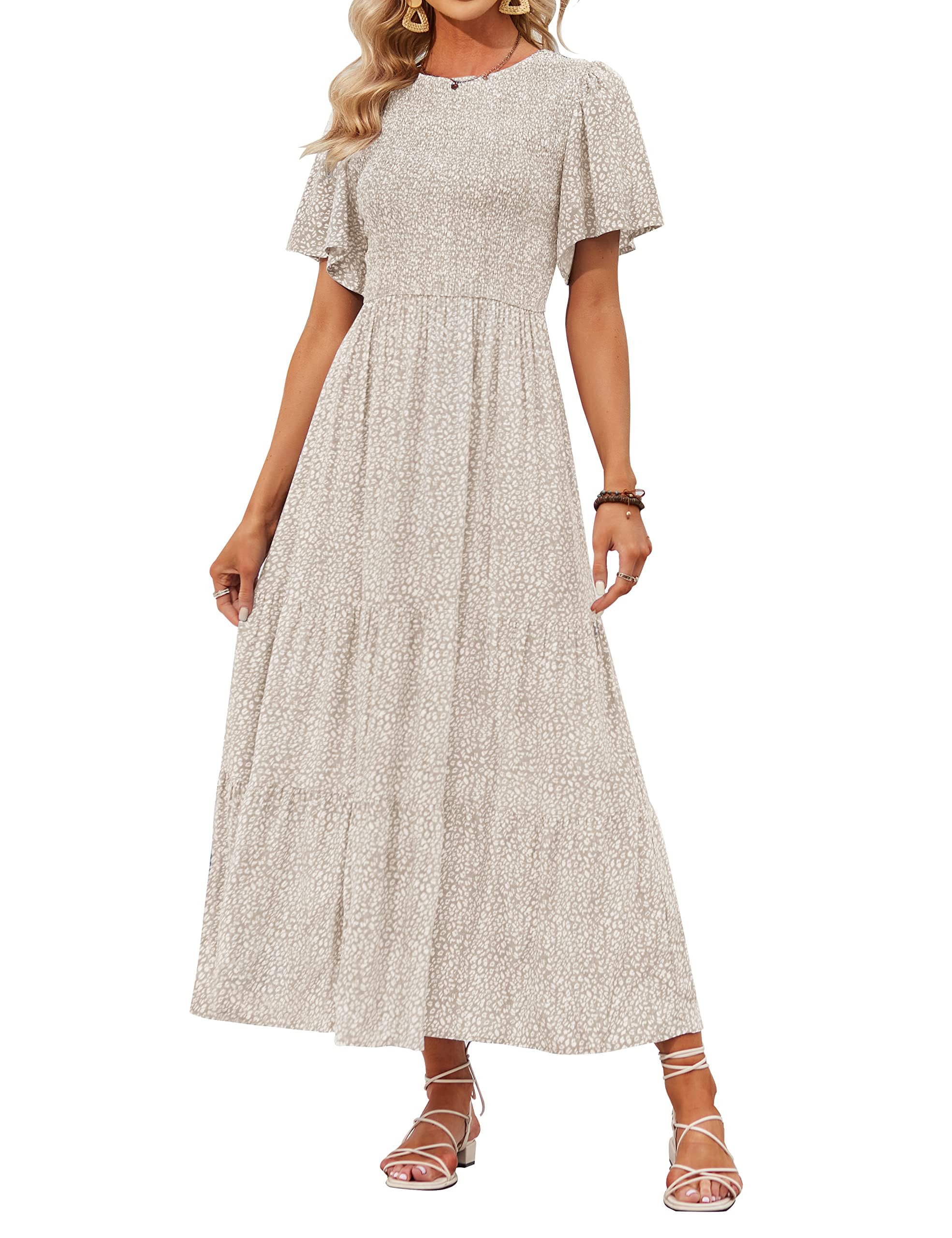 ZESICA, Women's Casual Summer Floral Print Short Sleeve Round Neck High Waist Lo