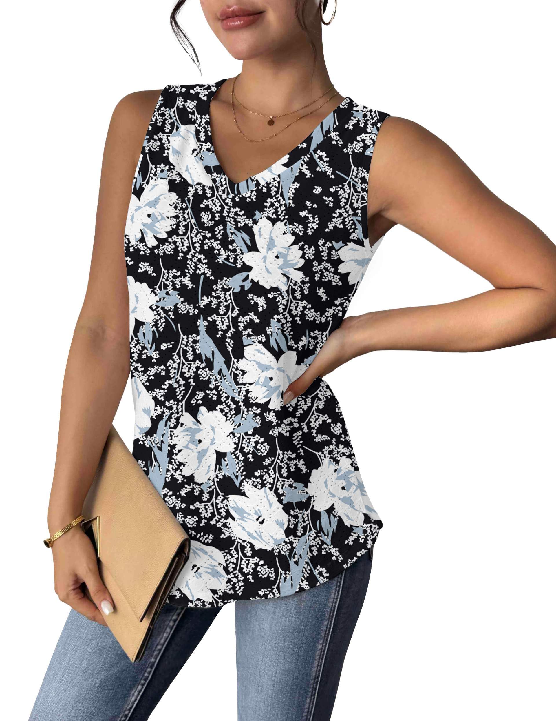 Zeagoo Women's Tank Tops with Eyelets Sleeveless V-Neck Cute Summer Loose Fit S-