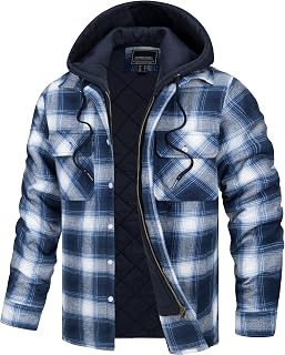 TACVASEN Men's Flannel Shirt Jacket Removable Hooded Quilted Lined Plaid Button Down Shirts Zipper Jacket
