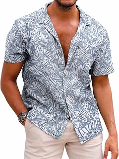 COOFANDY Men's Floral Print Button Down Short Sleeve Shirt, C- White