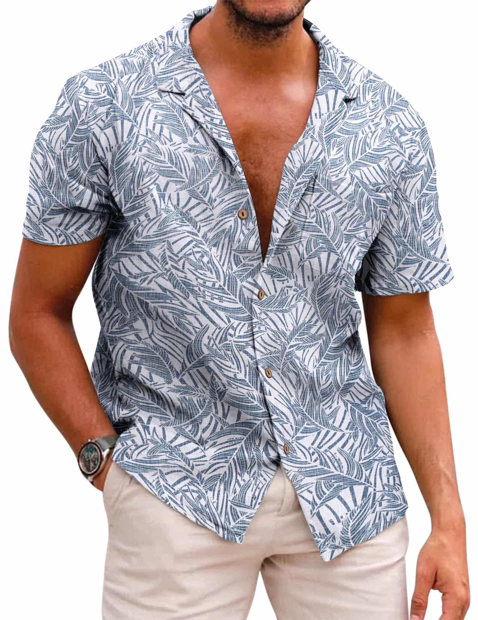 COOFANDY Men's Floral Print Button Down Short Sleeve Shirt, C- White