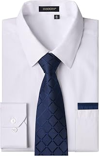 HISDERN Mens Dress Shirt with Tie Pocket Square Set Classic Button Down Shirt Matching Tie Long Sleeve Shirts
