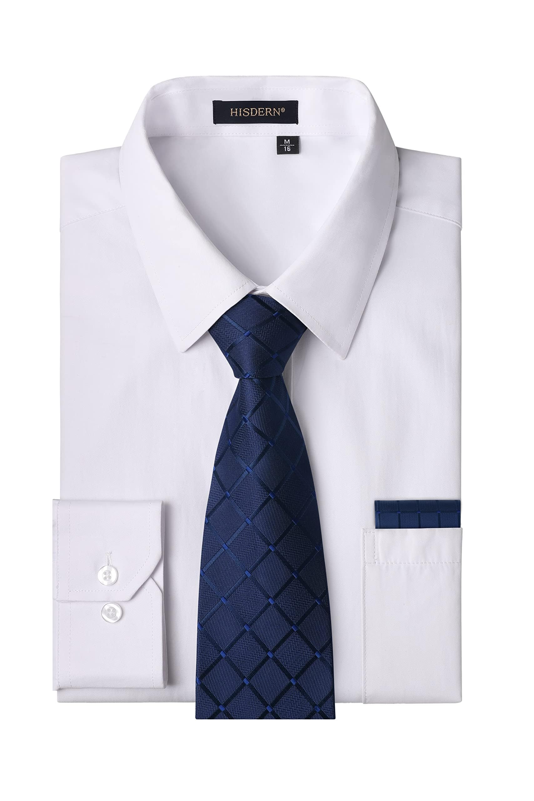 HISDERN Mens Dress Shirt with Tie Pocket Square Set Classic Button Down Shirt Ma