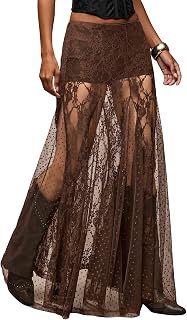 MakeMeChic Women's Lace Sheer Maxi Skirts Polka Dots Ruffle Gothic Skirts