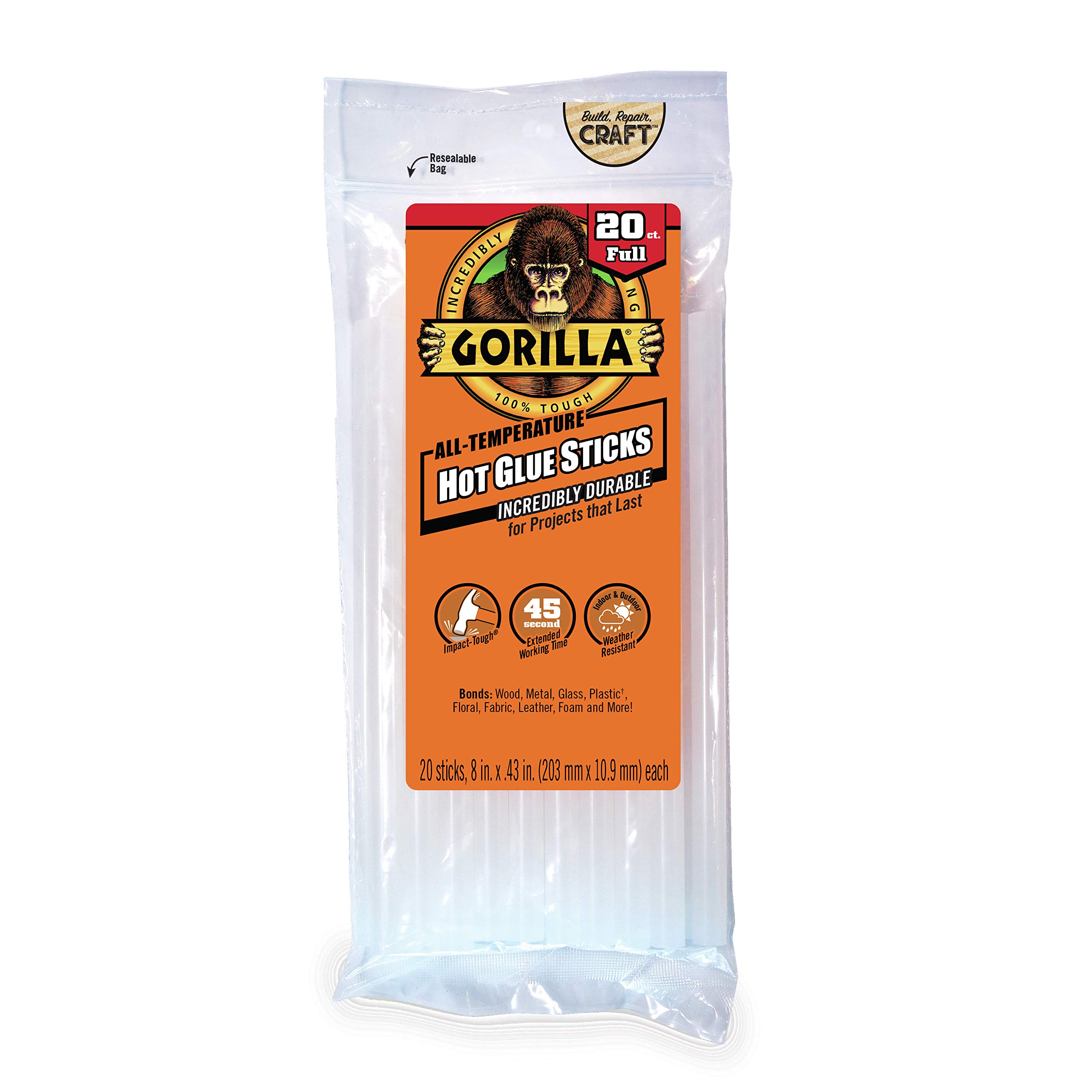 Gorilla Hot Glue Sticks, Clear, Full Size, 8" x 0.43", 20 Count | Safe for All T
