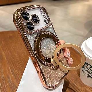 360 Spin Magnetic Stand for iPhone 17 Pro Max Case Glitter,Gold