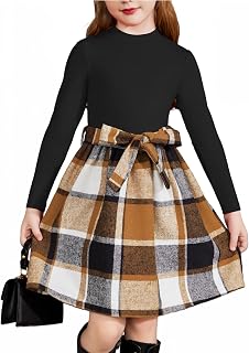 Arshiner Girls Long Sleeve Rib Knit Plaid Patchwork Dress with Pockets